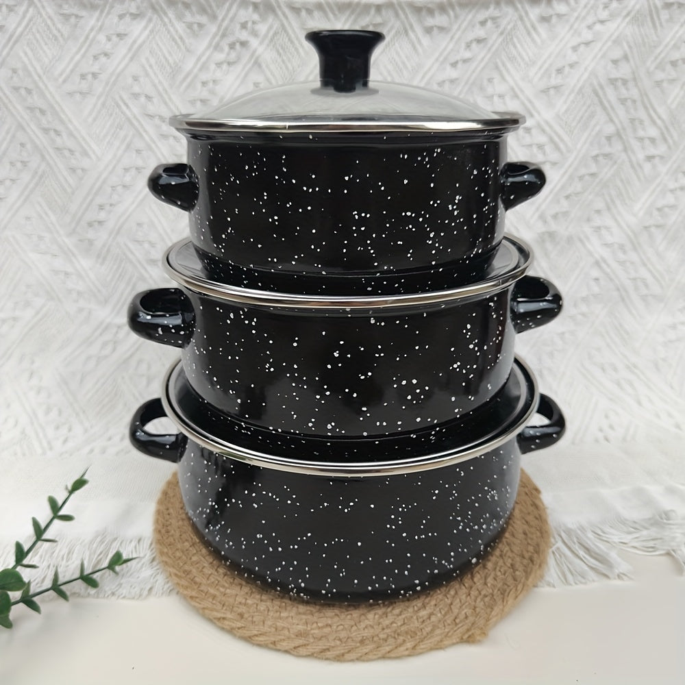 Enamel Cookware Set with Glass Lids, 6-Piece Lightweight Pots for Versatile Cooking