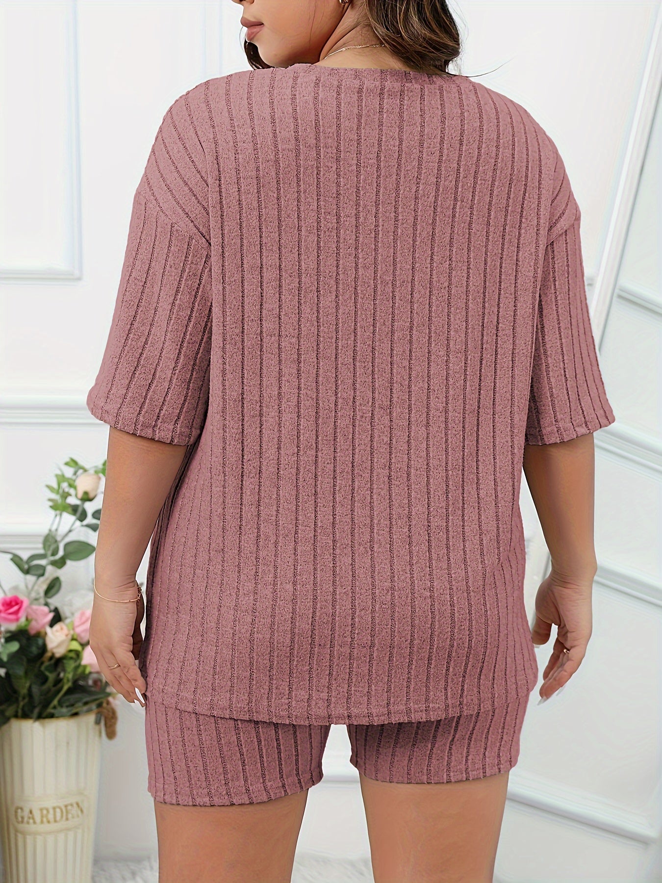 Women's Plus Size Ribbed Lounge Set Shorts & Top Pajamas