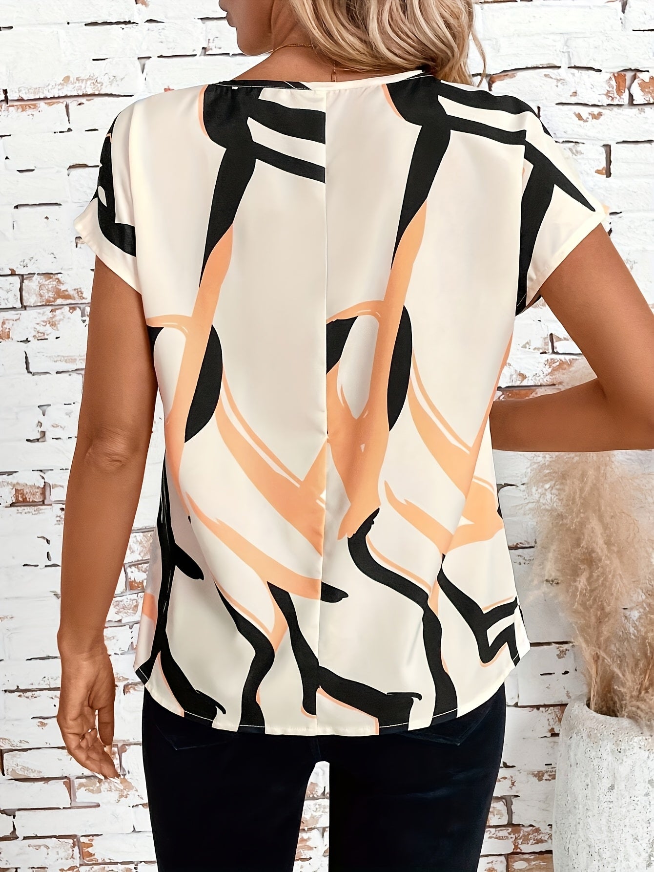 Plus Size Women's Summer Blouse Lightweight Polyester Geometric Stripe Print Blue White