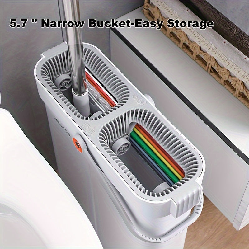 2-in-1 Wet and Dry Flat Mop and Bucket Set with Reusable Mops and Spin Wring