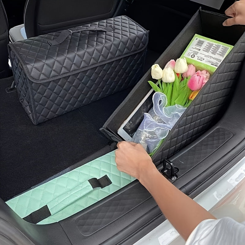 Organizador de maletero de coche en cuero con acolchado en forma de diamante, espacioso y de gran capacidad