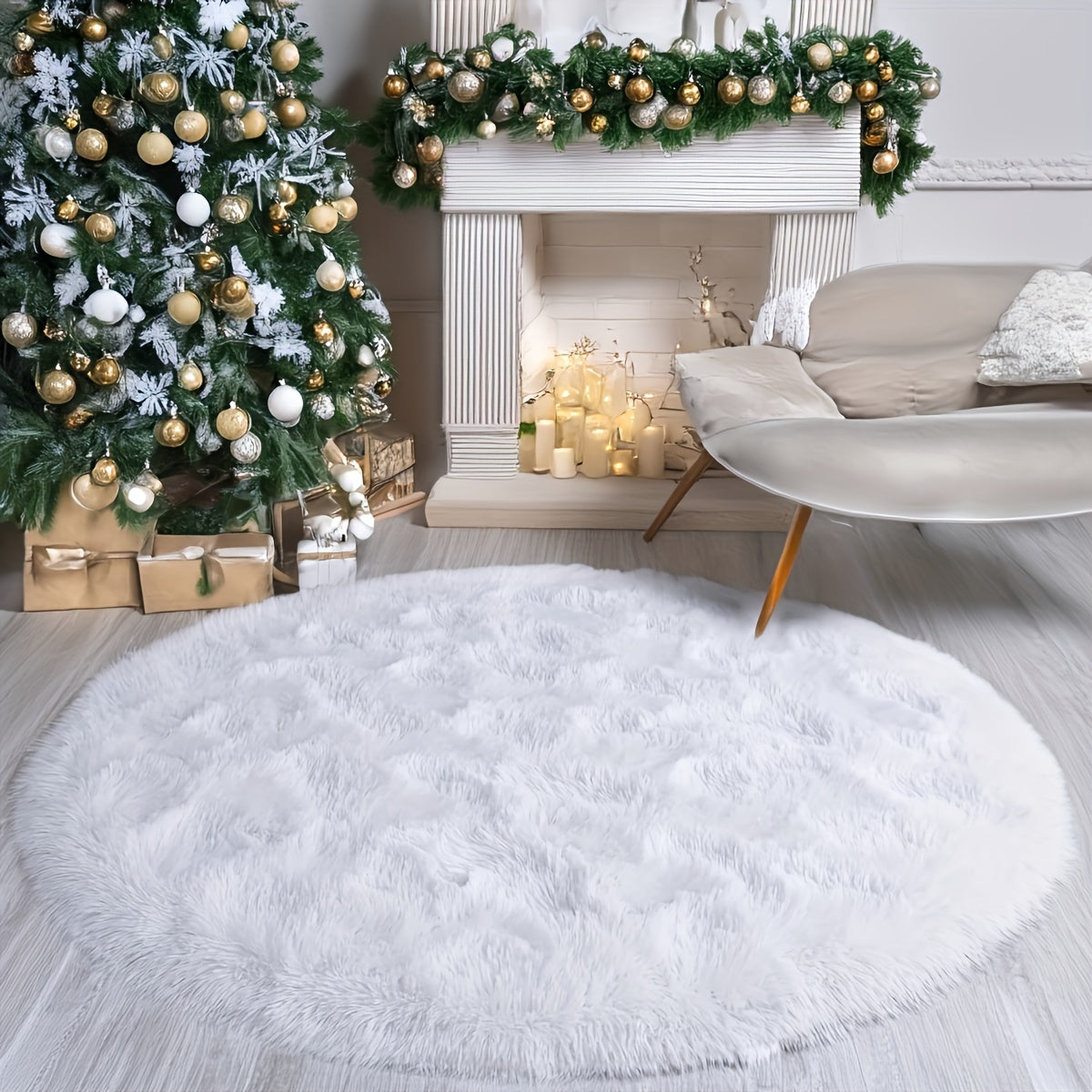 White Round Plush Area Rug Thick Durable Faux Fur Cozy Home Decor