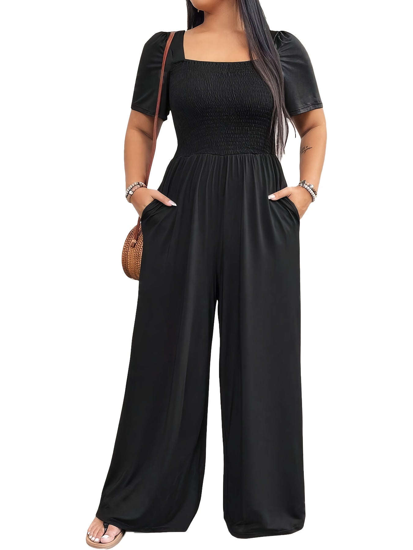 Plus Size Women's Casual Jumpsuit Black Loose Fit Wide Leg Polyester