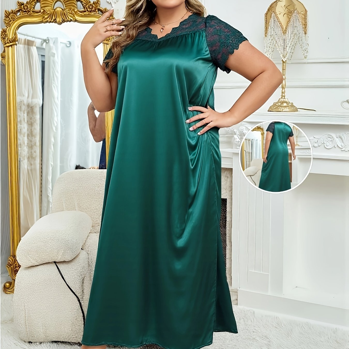 Plus Size Women's Satin-Like Sleep Dress and Robe Black All-Season Lounge