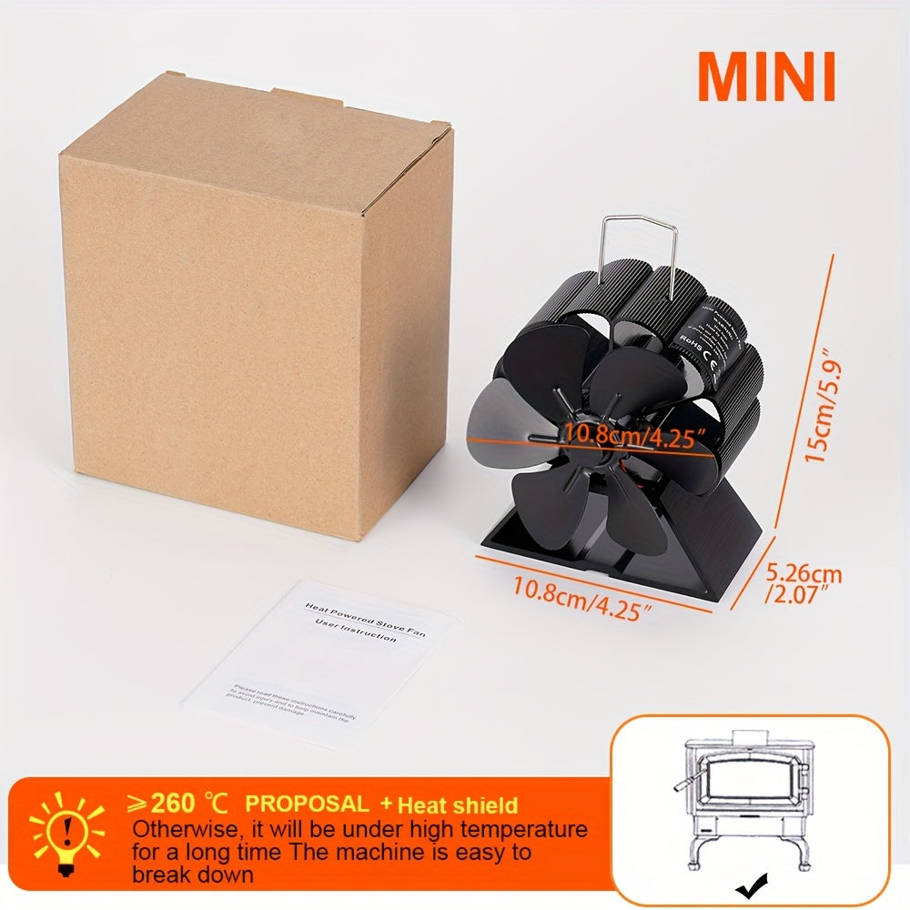 Silent 6-Blade Fireplace Fan for Wood Stove Heat Distribution Black