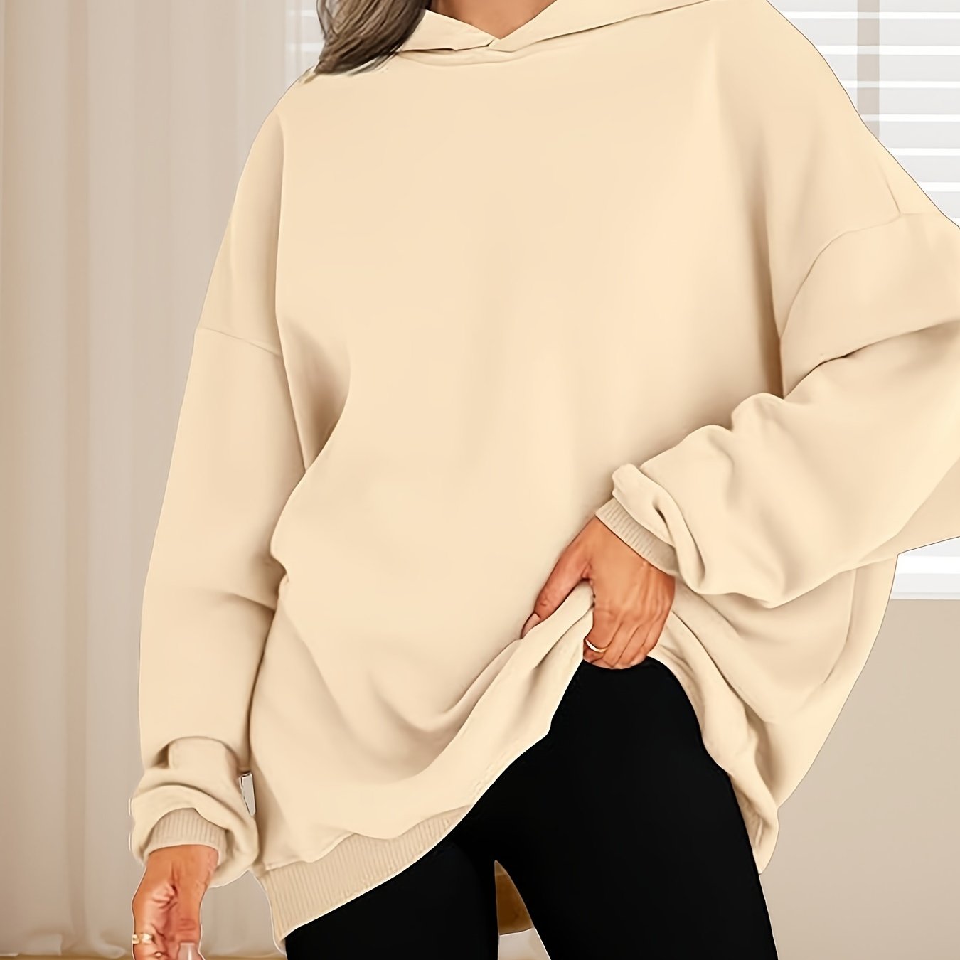Plus Size Women Hoodie Solid Color Long Sleeve Casual Sweatshirt