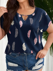 Plus Size Women's Casual Short Sleeve Blouse Opaque Print Dark Navy Pink Gray