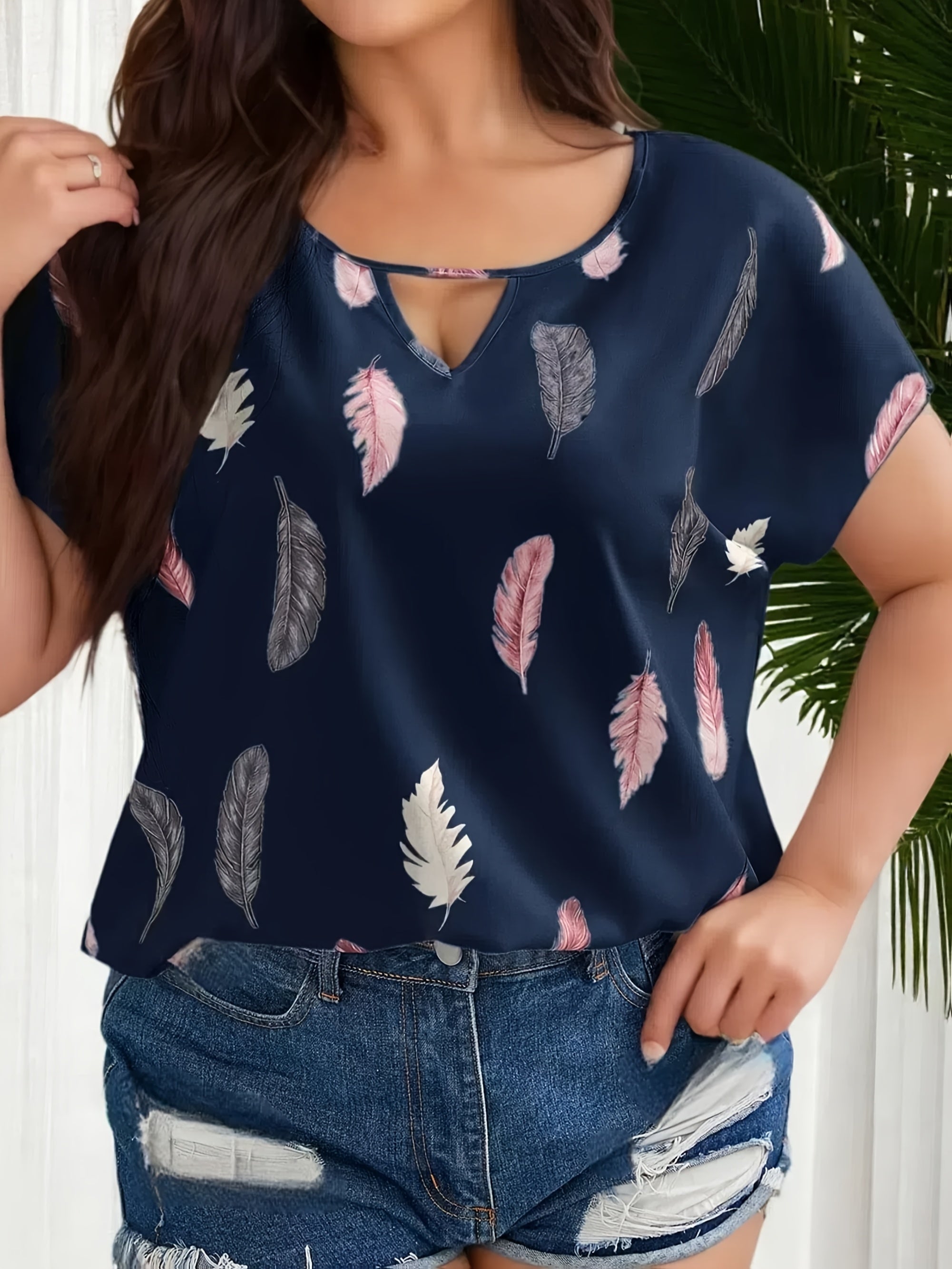 Plus Size Women's Casual Short Sleeve Blouse Opaque Print Dark Navy Pink Gray