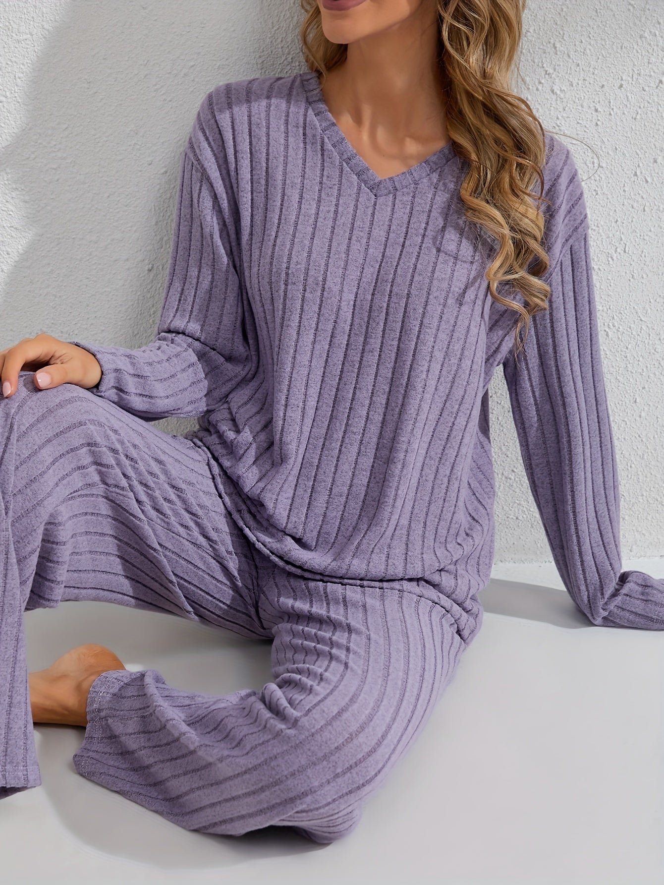 Women's Long Sleeve Pajama Set with Pants for Autumn Winter Solid Color Micro Elastic Polyester