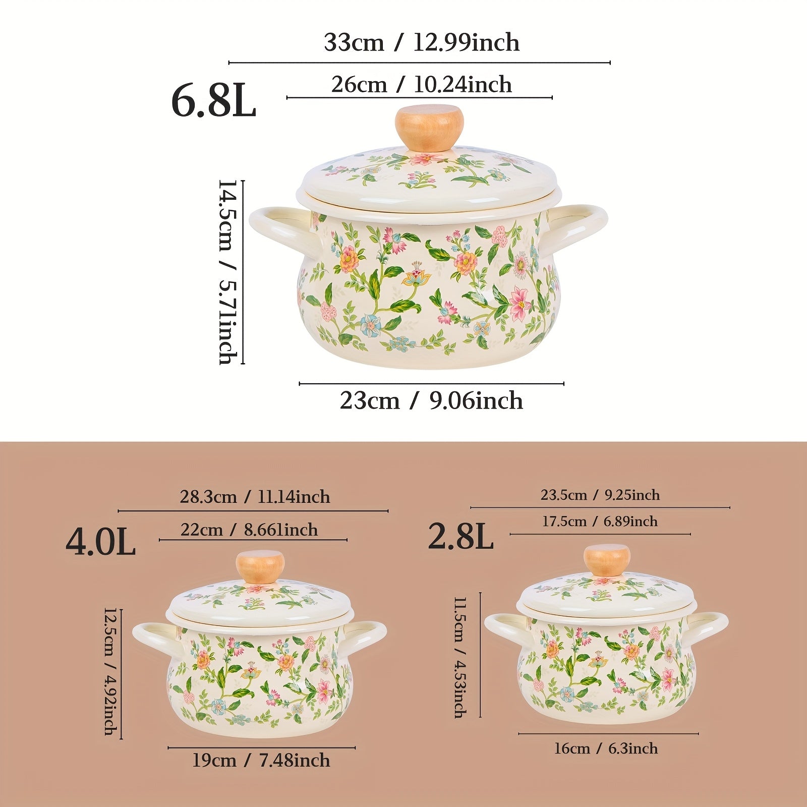 Floral Enamel Soup Pot with Rolled Edges for Open Fire and Induction Cooking