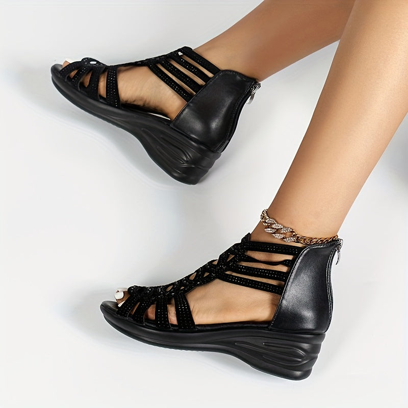 Women's Black Rhinestone Wedge Sandals with Peep Toe Ankle Strap Platform Heel