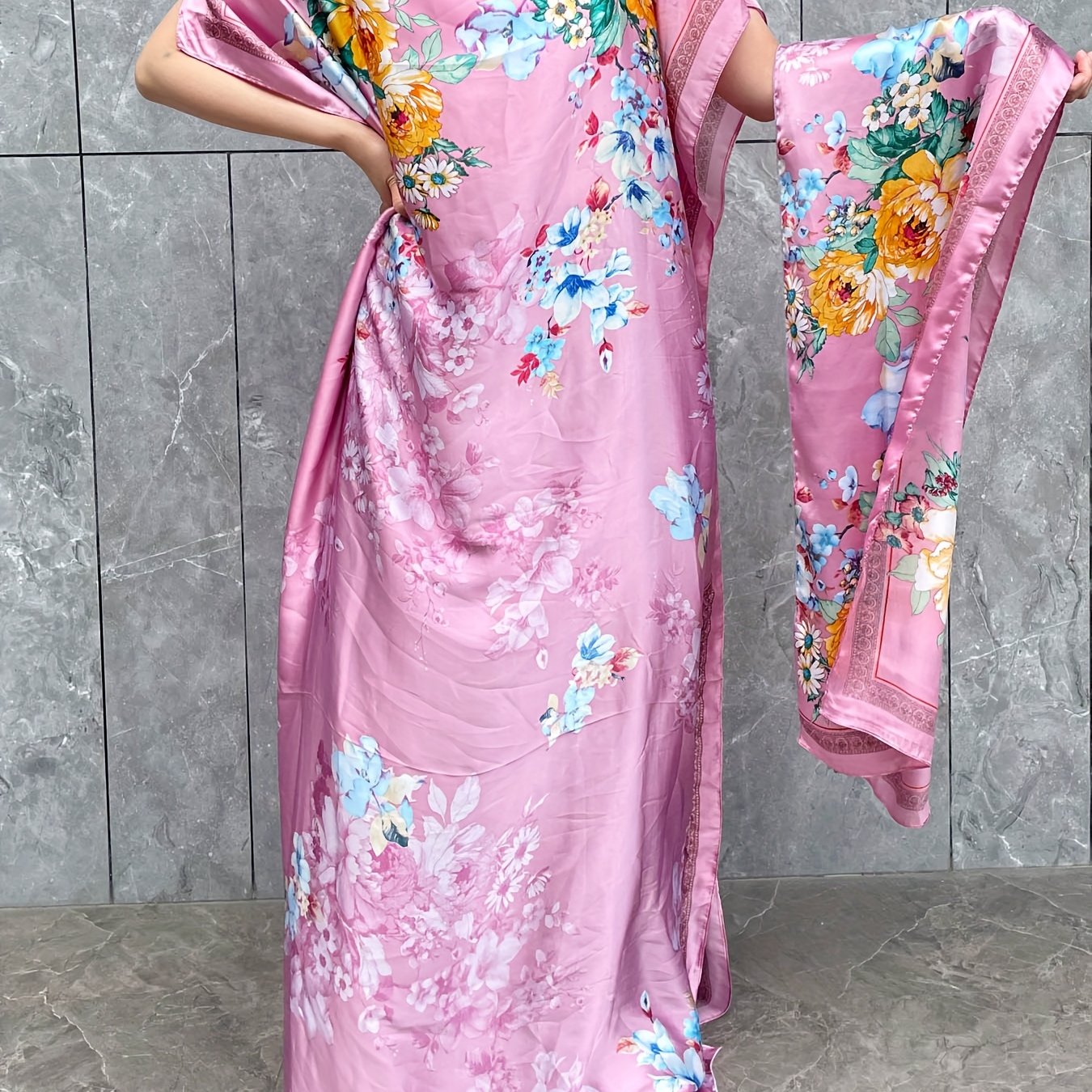 Plus Size Polyester Turkish Kafatan Robe with Scarf Pink Floral Geometric