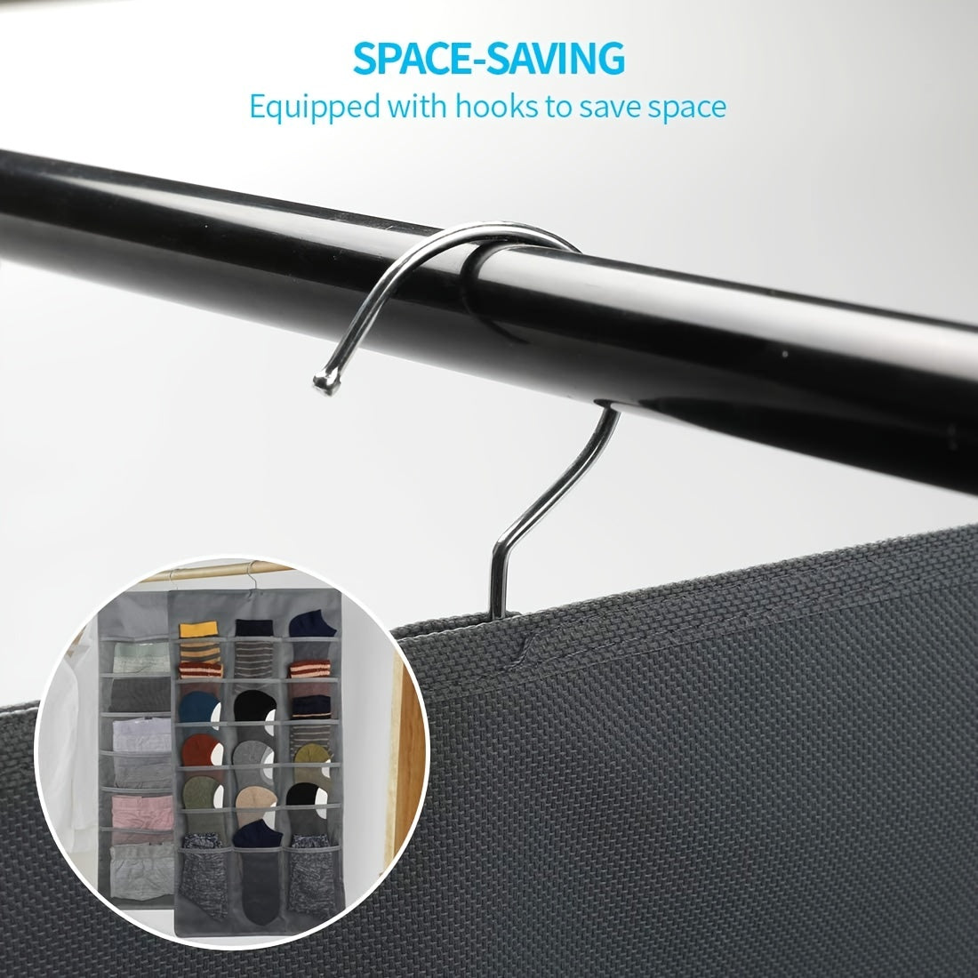 Organizador de armario de doble cara con bolsillos de malla y colgador giratorio para almacenamiento que ahorra espacio