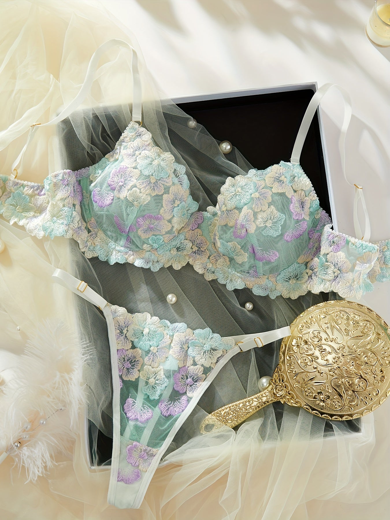 Women's Floral Lace Lingerie Set with Push-Up Bra and Thong