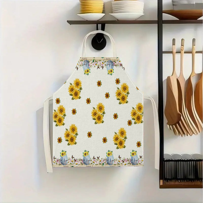 "Quyoshgul naqshli lenin apron - Ushbu klassik bosma apron quyoshgul naqshi va yelkasiz bib dizayniga ega. Oshxonada, uyda, restoranlarda, qahvaxonalarida yoki barbekyu paytida foydalanish uchun mukammal. Mos keladi"