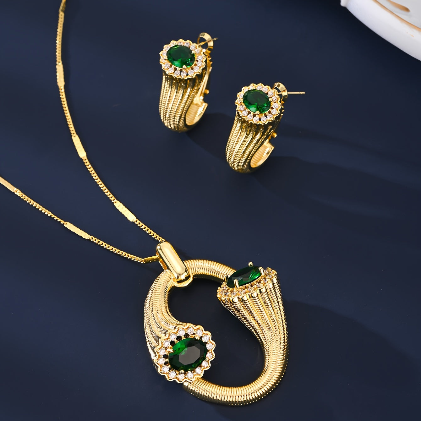 Gold-Toned Copper Jewelry Set with Zirconia Accents Necklace Earrings Bangles