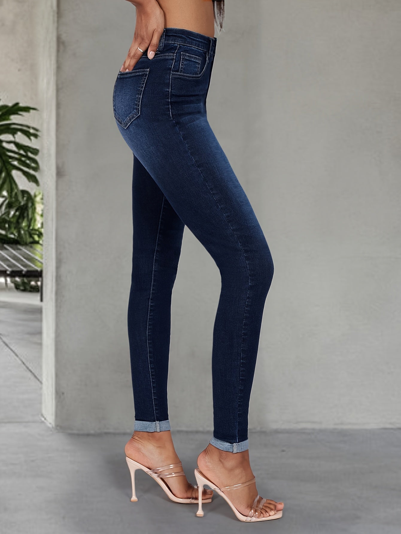 Women's High Stretch Skinny Jeans Long Length Solid Color Denim with Button Detail