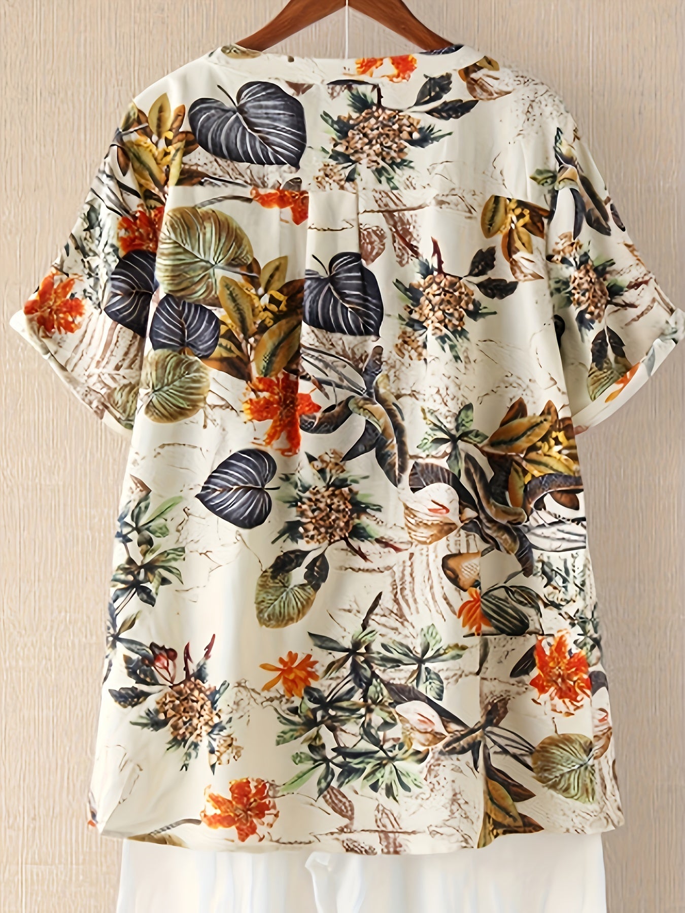 Plus Size Women's Cotton Long Sleeve Floral Blouse Casual Button-Up Shirt