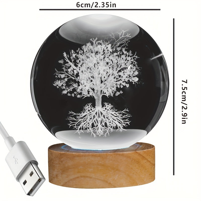 Tree of Life Crystal Ball Night Light Engraved 3D Glass Plant Decor Gift