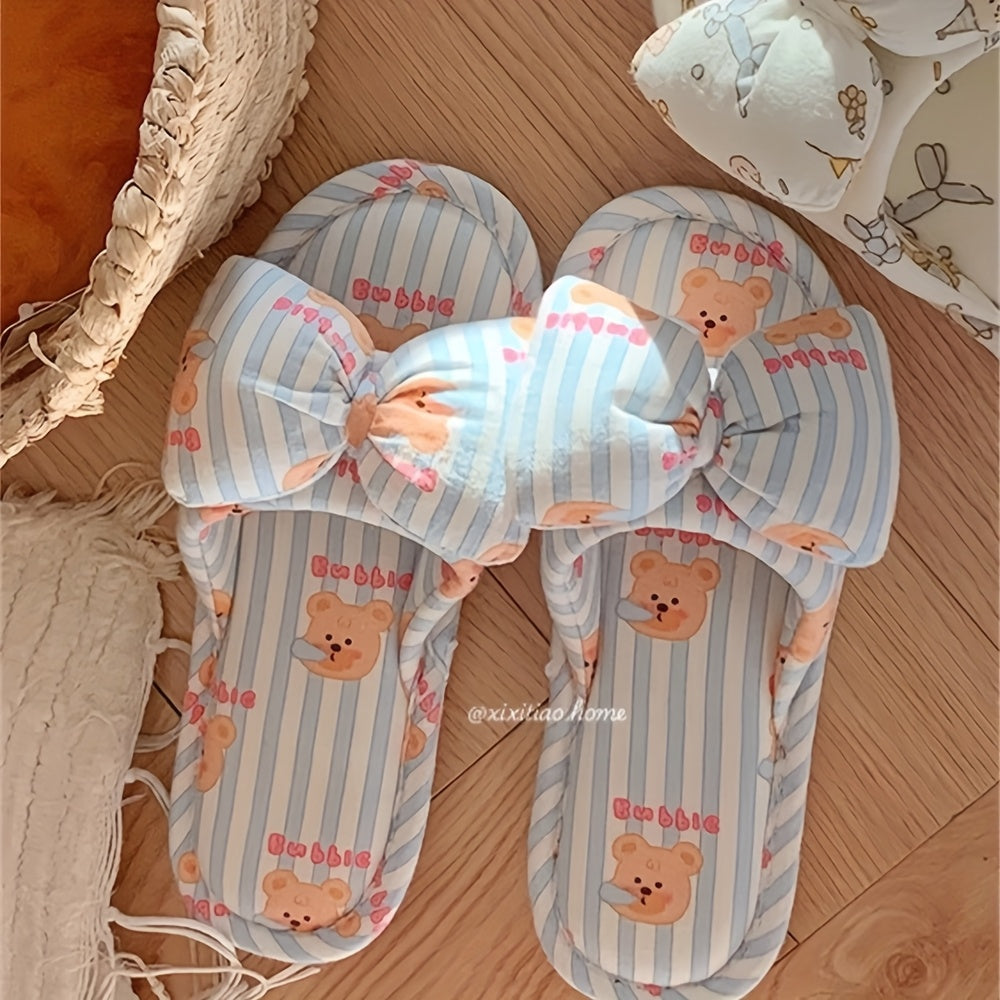 Girls Bear Striped Slippers Linen Fabric Indoor Footwear with Bow