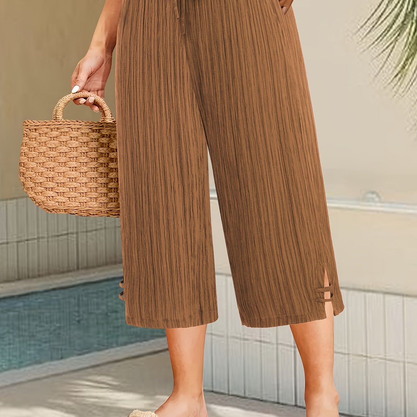 Women's Plus Size Wide Leg Pants with Side Slit Pleated Stripe Beige