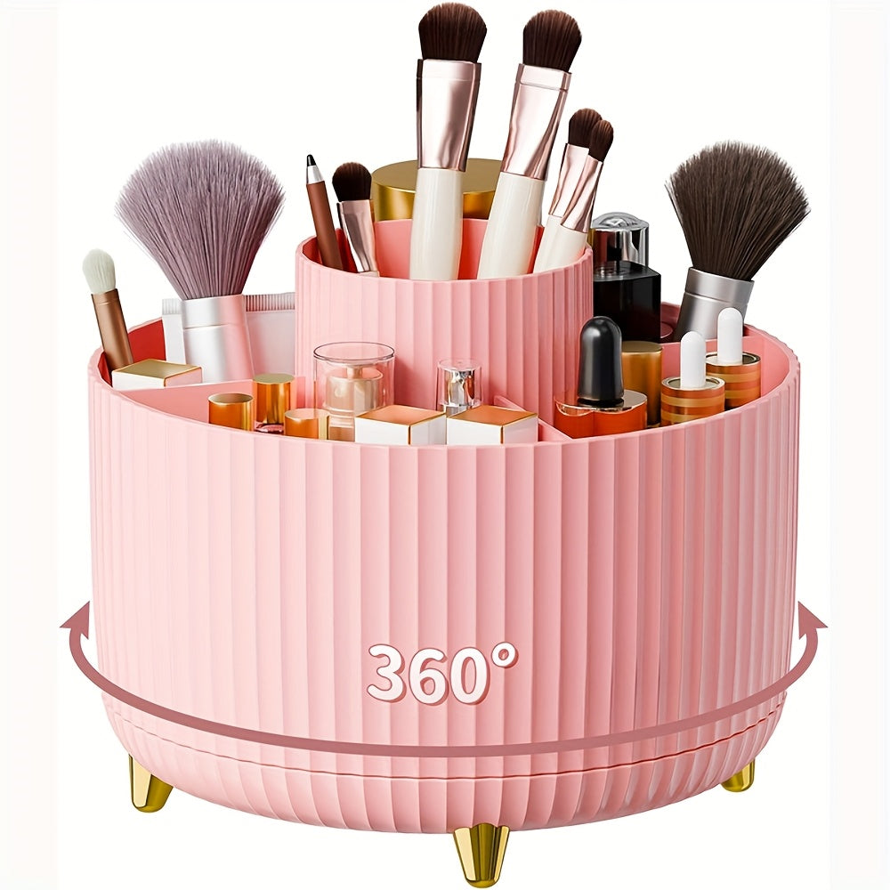 360° Rotating Makeup Organizer with 5 Compartments Plastic Storage Box for Brushes Lipsticks and Skincare