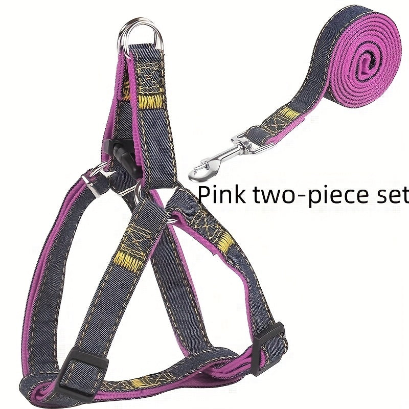 Adjustable Denim Dog Harness and Leash Set for Small to Large Breeds Polyester