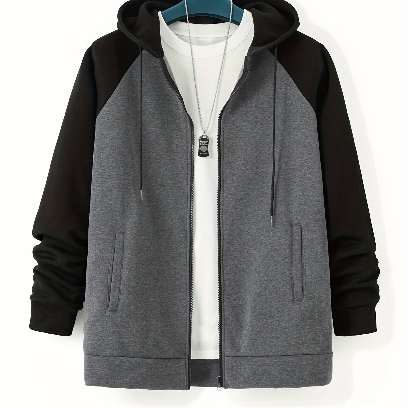 Men's Plus Size Color Block Full Zip Hoodie with Drawstring Long Sleeves