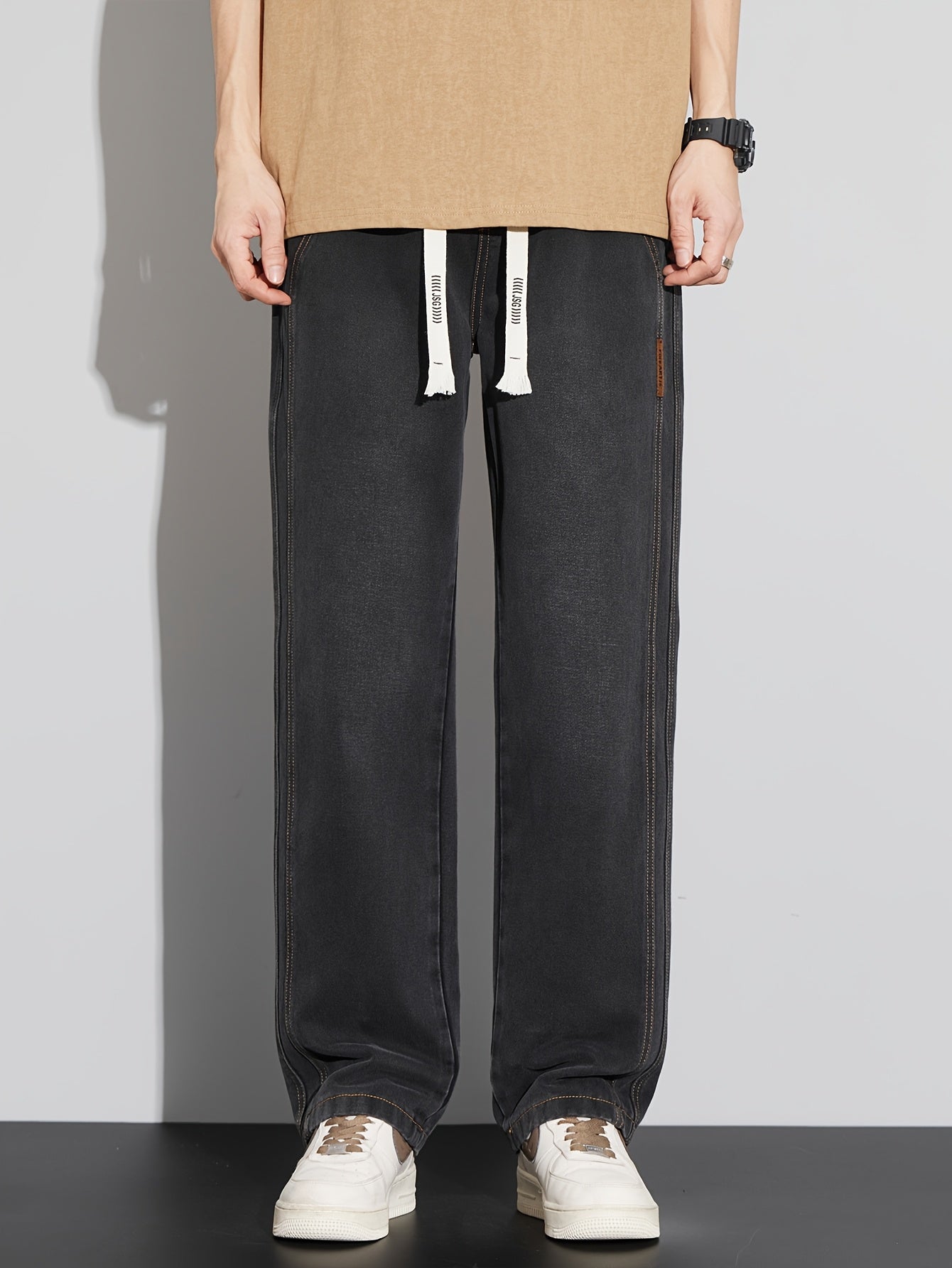 Men's Casual Denim Jeans Loose Fit Mid Waist Drawstring All-Season Cotton Blend Solid Color