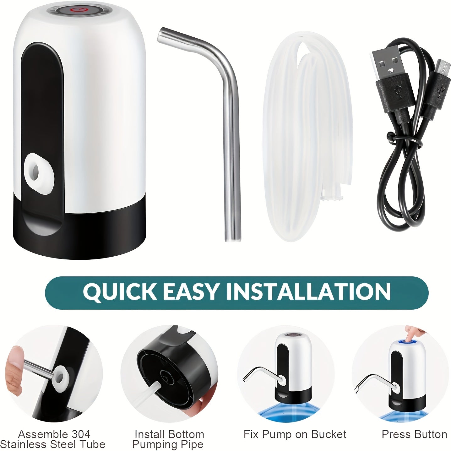 Rechargeable Electric Water Bottle Pump with Stainless Steel Spout and Silicone Hose