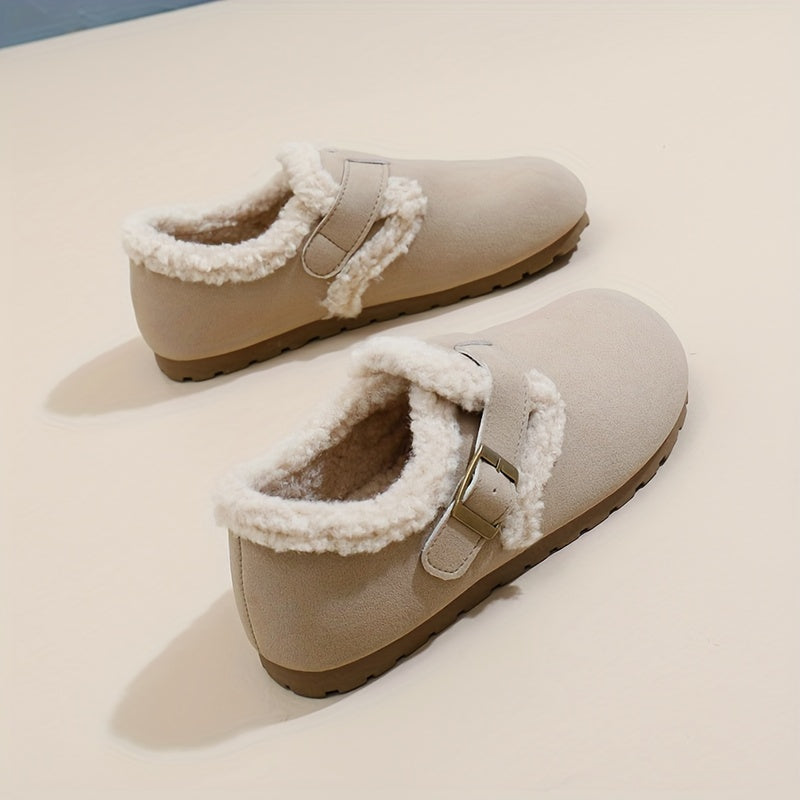 Women's Flannel-Lined Ankle Booties Casual Flat Heel Buckle Closure