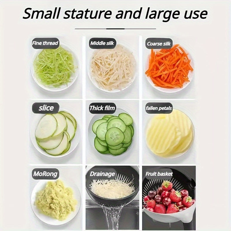 Ko'p funksiyali sabzavot kesgichi, suyuqlikni to'kib tashlash uchun savat bilan, zaryadsiz PC materialidan tayyorlangan.