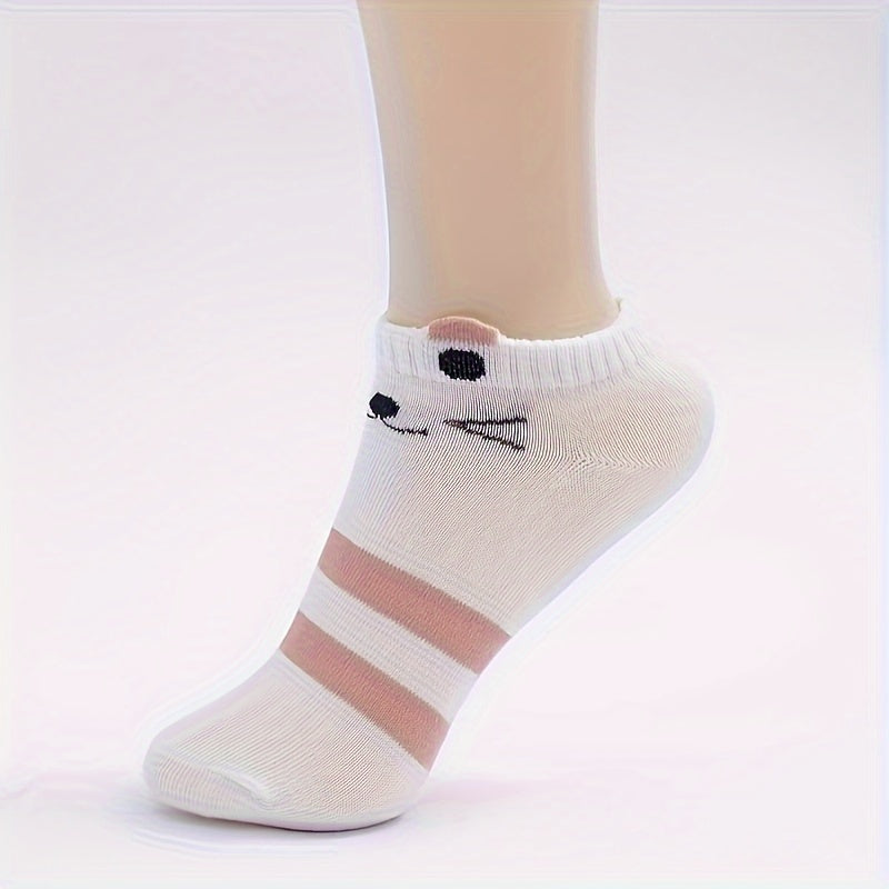 Women's Ankle Socks 5 Pairs Cartoon Cat Print Breathable Polyester Spandex Knit