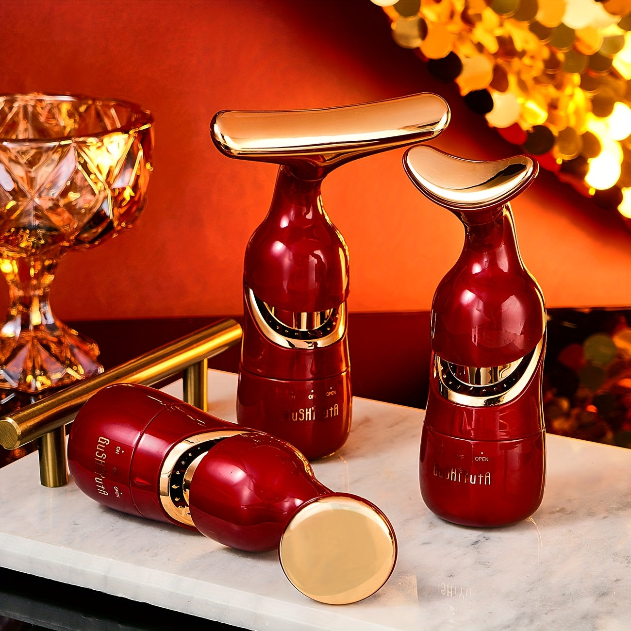 3-in-1 Facial Eye Neck Massager with Heat Portable Battery-Powered Red Gold