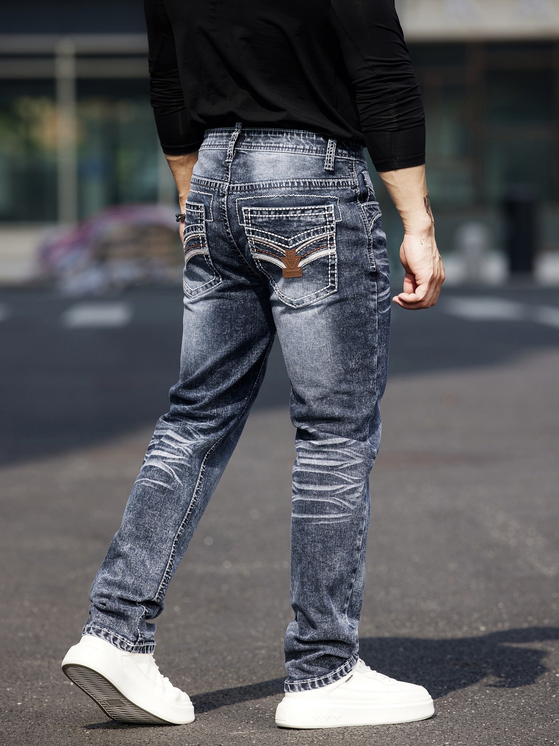 Men's Slim Fit Vintage Embroidered Stretch Jeans with Patchwork Mid-Rise
