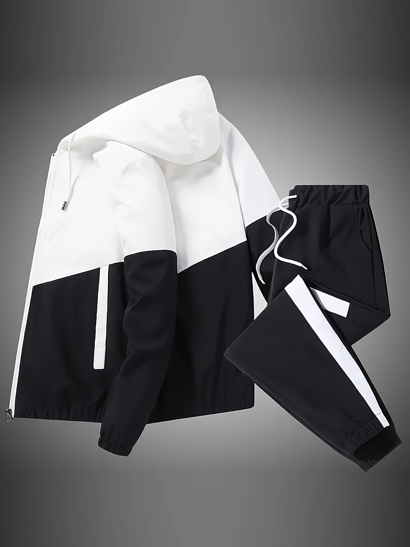 Men's Sporty Hooded Jacket and Joggers Set Color Block Zip-Up Casual All-Season
