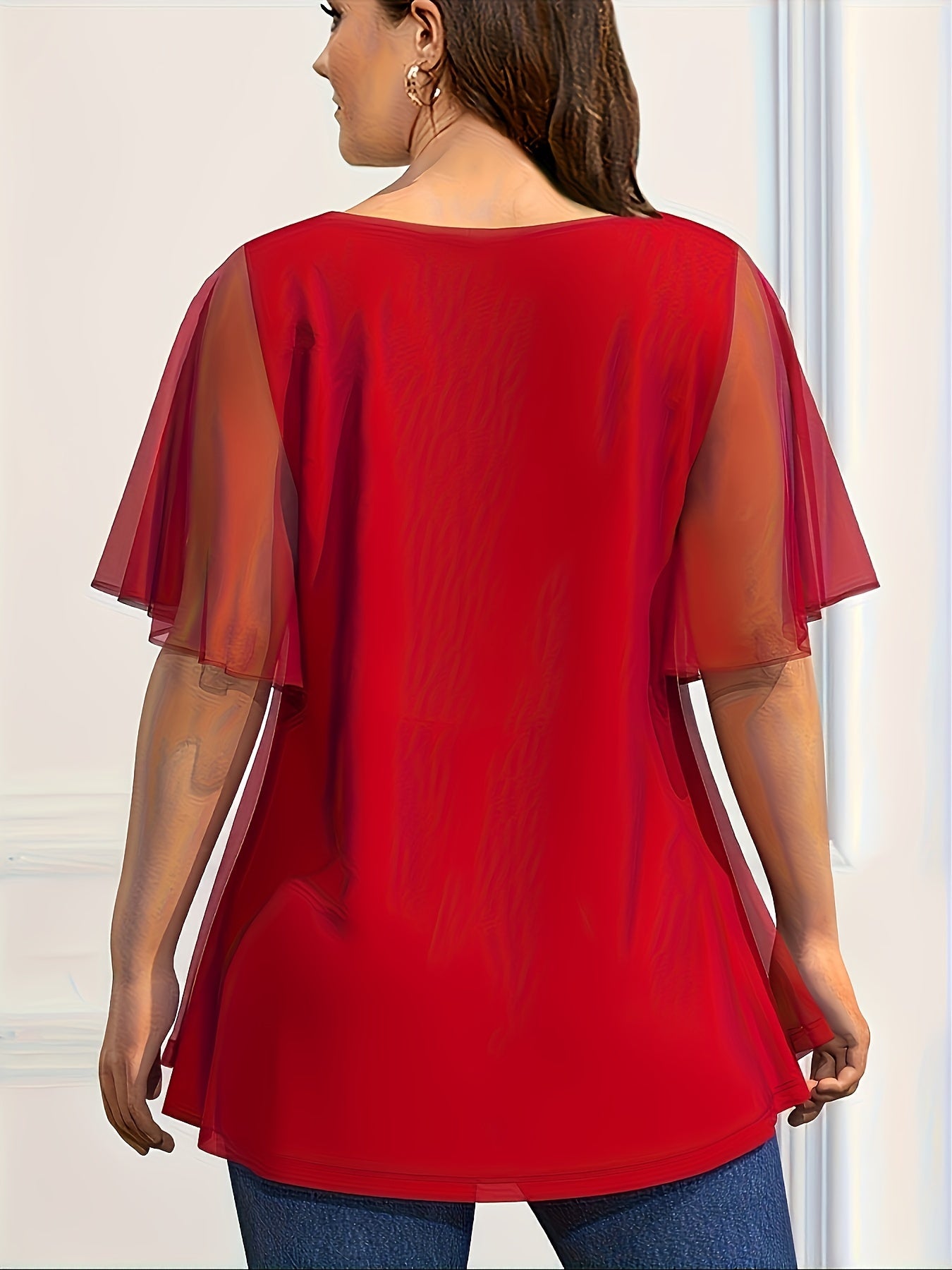 Plus Size Women's Chiffon Short Sleeve Blouse, Lightweight, Keyhole Neckline