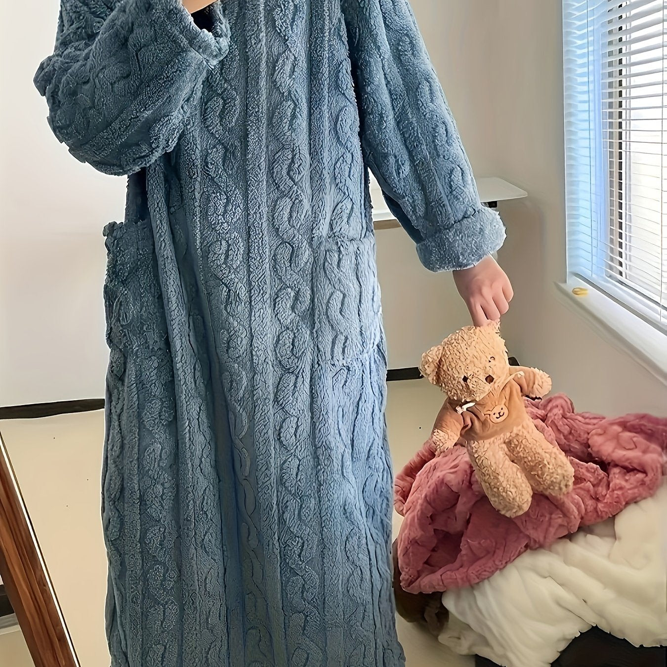 Women's Fleece-Lined Jacquard Winter Robe Long Sleeve Color-Block Loungewear