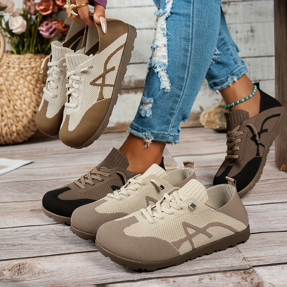 Women's Casual Slip-On Flats Knit Fabric with PVC Outsole Black Beige