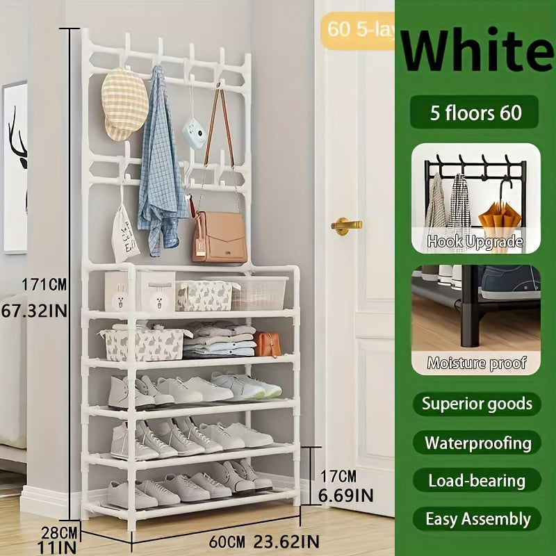 Metal Entryway Storage Rack with Shoe Shelves Hooks and Coat Stand in White or Black