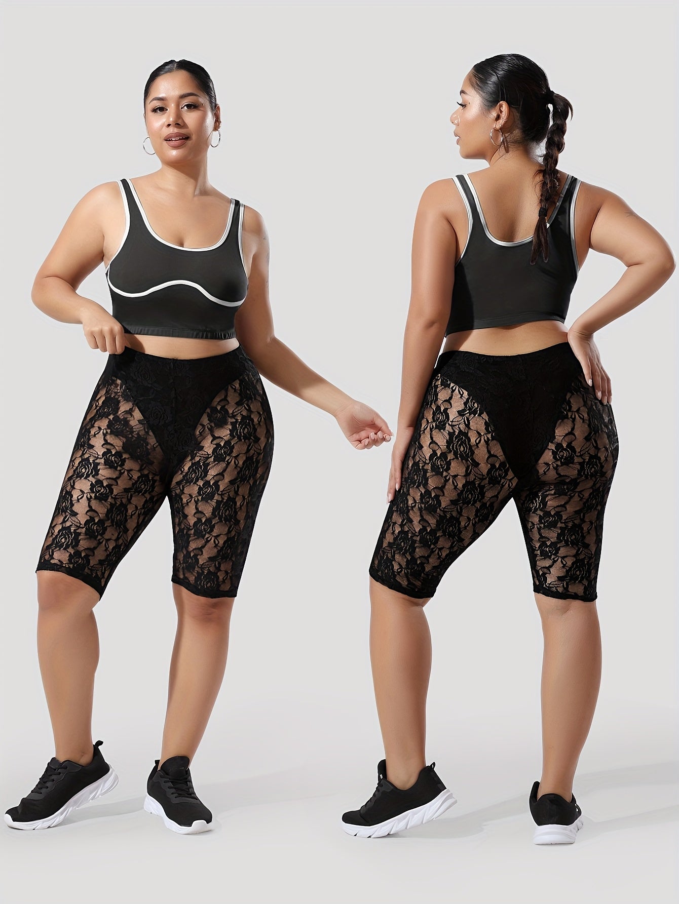 Plus Size Women's Lace Trim High-Waisted Shorts Black Floral Breathable