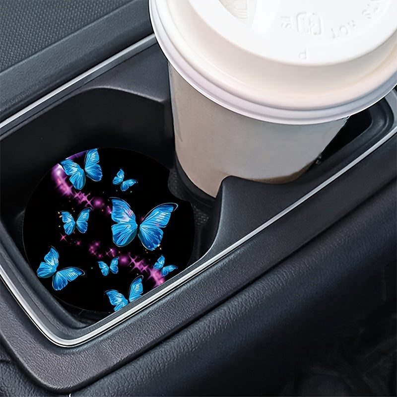 2pcs Butterfly Pattern Car Cup Holder Coasters Interior Decor Accessories
