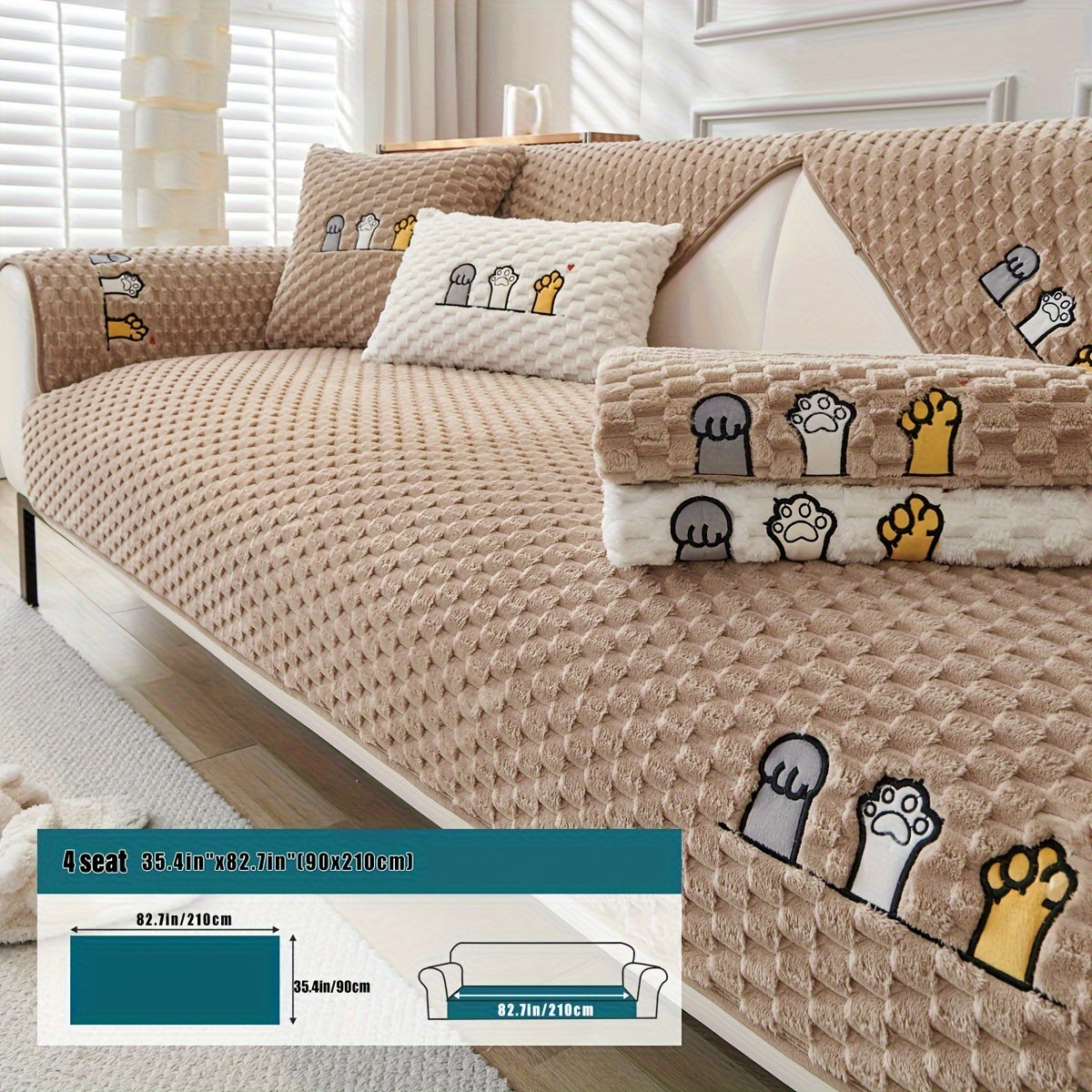 Funda de sofá de terciopelo con bordado de perro de dibujos animados, antideslizante, de felpa gruesa, protector de muebles