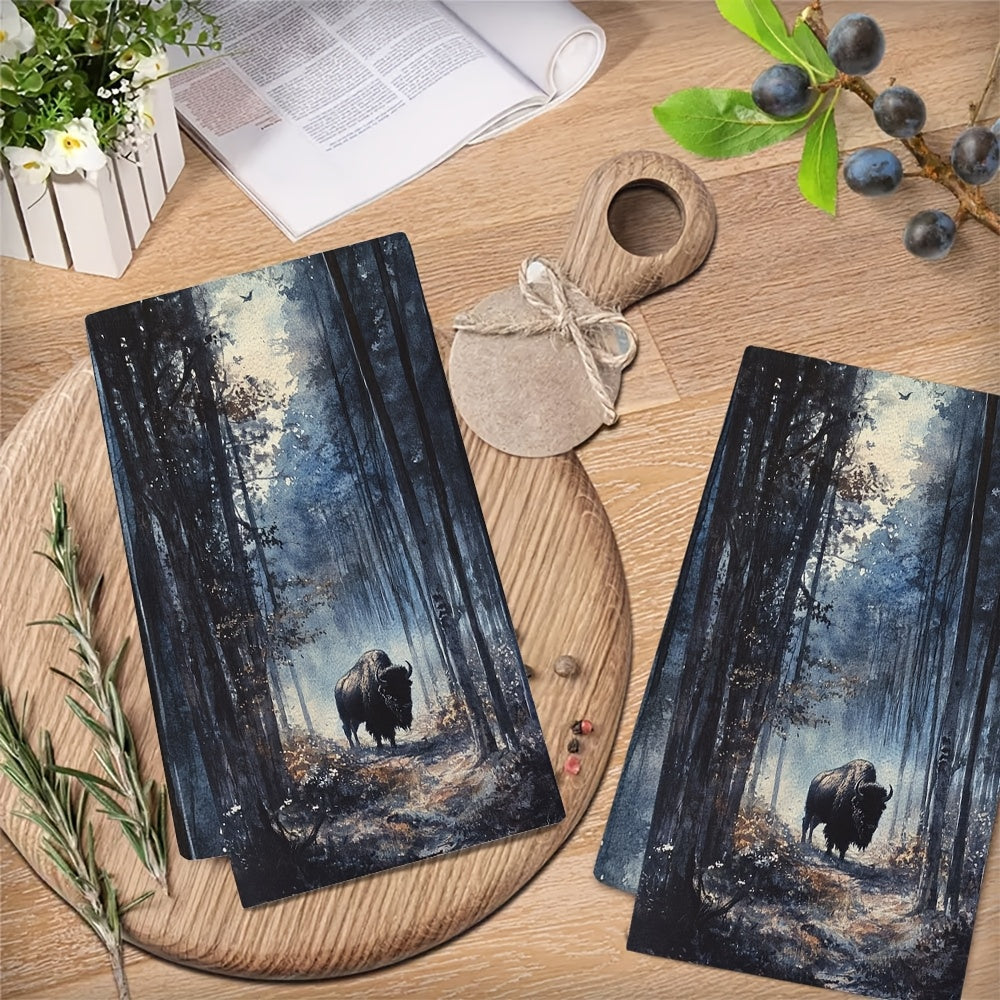Ultra Soft Kitchen Towels Set of 2 Bison Woods Scene 40x60cm Absorbent