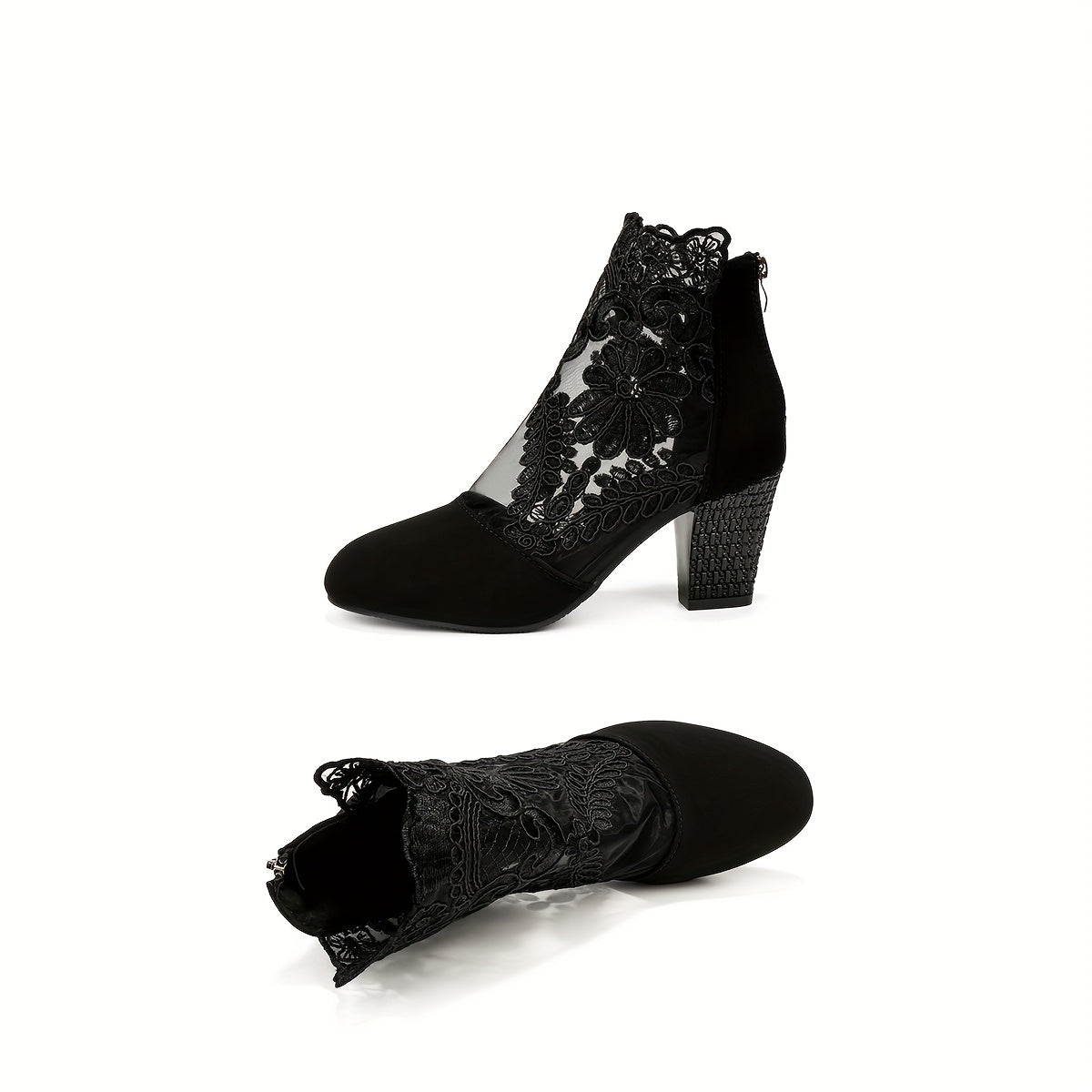 Women's Faux Cover Lace Trim Chunky Heel Ankle Boots Black Floral