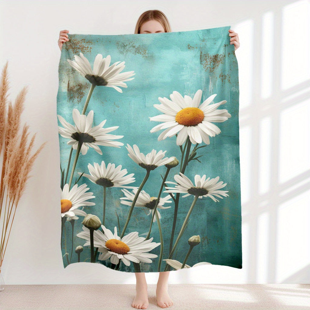 Flannel Fleece Throw Blanket White Daisy Floral Lightweight All-Season Knitted Polyester
