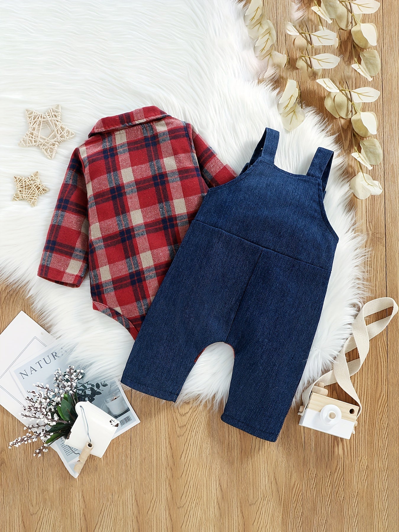 Baby Boys Plaid Long Sleeve Cotton Bodysuit and Jeans Overalls Set for 0-18 Months