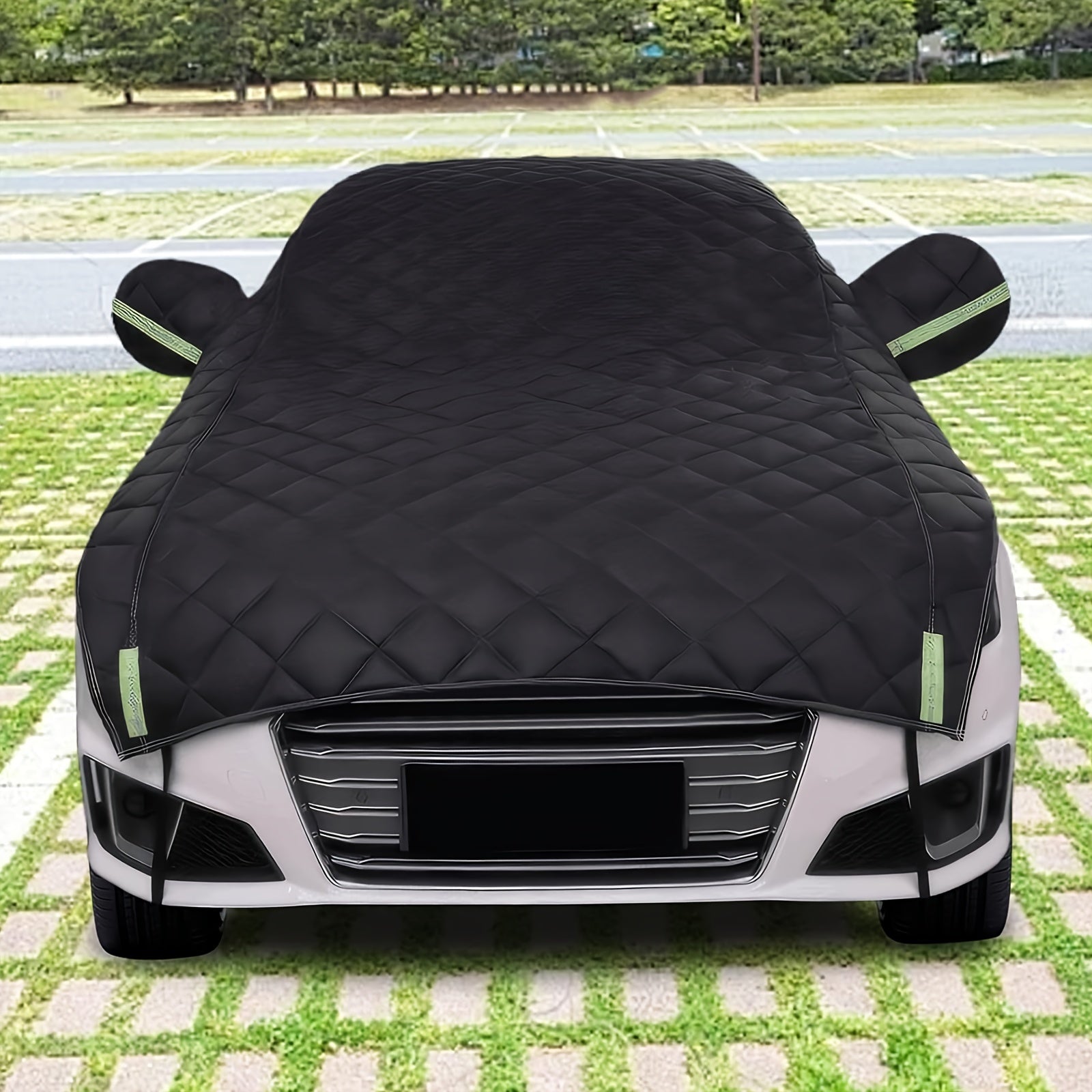 Quilted Hail Protector Car Cover for Most Vehicles Black Green Plush Material