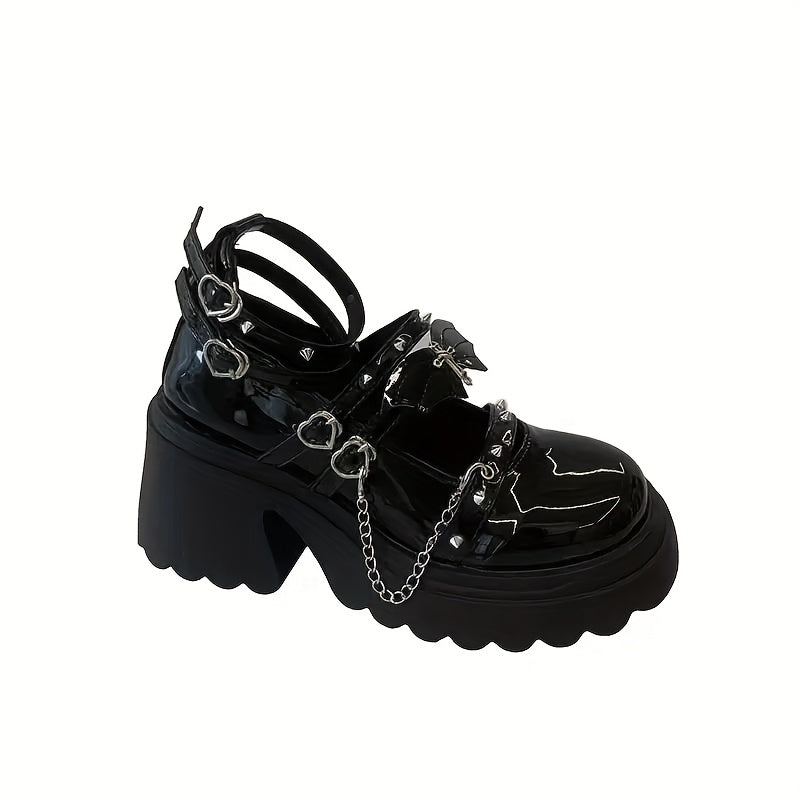 Women Synthetic Punk-Inspired Platform Mary Jane Loafers Black Chain Accents
