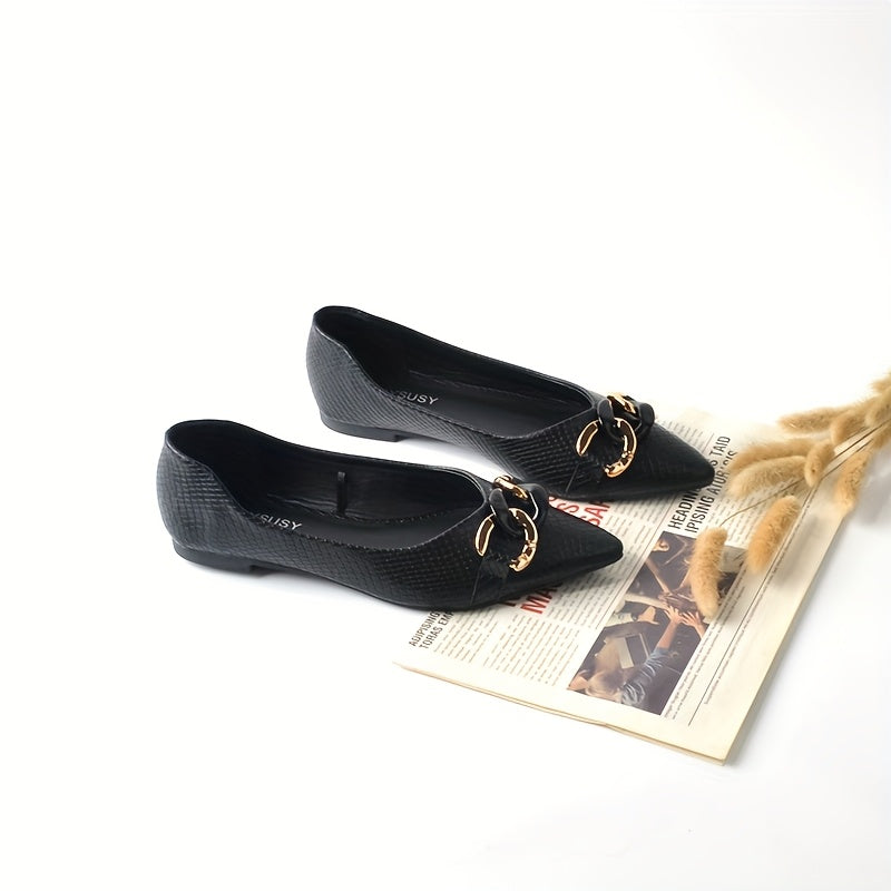 Women's Pointed Toe Slip-On Flats Black White PU Ballet Shoes Comfortable All-Season